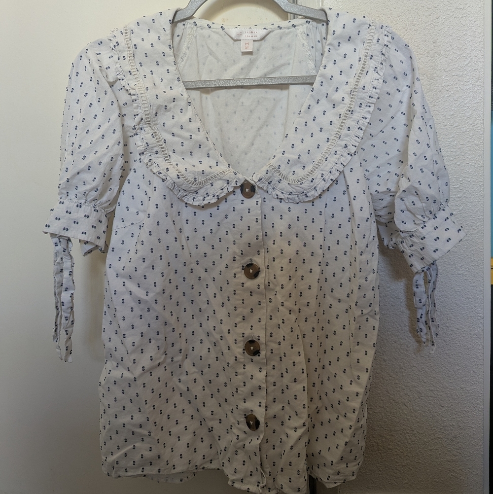 White and Blue Polka Dot Women's Top
